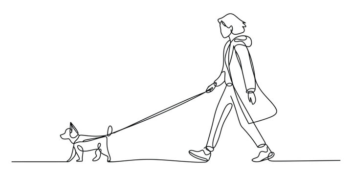 Elegant continuous line drawing of a person walking a dog outdoors vector
