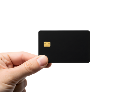 A hand holding a sleek, black credit card against an isolated background. The card features a subtle golden chip