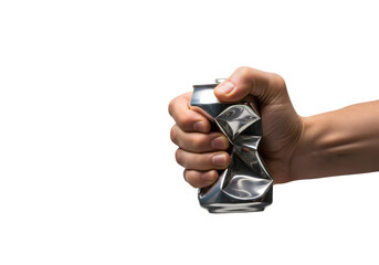 Crushed can held in a hand, symbolizing waste or anger. The can is silver, its form distorted by the force