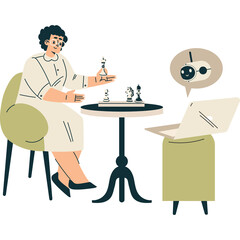 Woman Sitting at a Table Playing Chess with a Virtual Opponent Displayed on a Laptop Screen with a Transparent Background