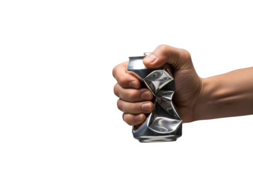Crushed can held in a hand, symbolizing waste or anger. The can is silver, its form distorted by the force