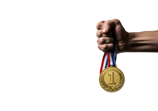 A hand holding a gold medal, a symbol of achievement. The medal hangs on a tricolor ribbon, signifying victory and excellence.