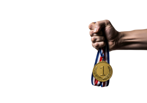 A hand clenching a gold medal