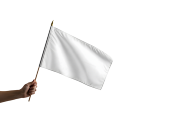 A hand holds a blank white flag, symbolizing surrender or truce