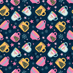Holiday print with mugs. Drawing for gift packaging. Christmas pattern on a blue background.