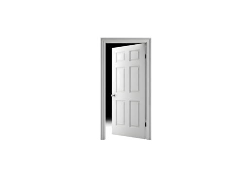 An opened white door and a glimpse of the light at the end of a dark corridor. The door has six panels and is slightly ajar