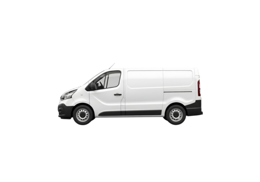 A pristine white delivery van isolated on a blank space, representing transportation and logistics