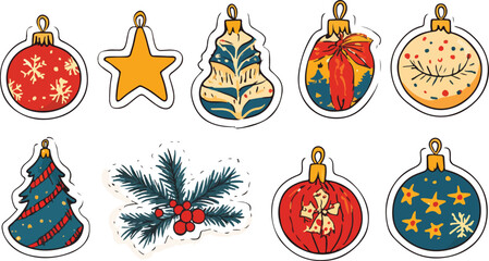 Red and glass Christmas ball ornaments and winter holiday season decorations set with a star and snowman toy illustration vector