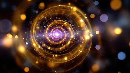 Defocused sacred symmetry made of glowing orbs and concentric energy waves, ethereal spiritual light atmosphere, with copy space.