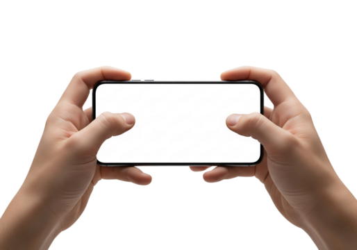 Hands holding a blank smartphone horizontally, ready for content or interaction. The smartphone is the central focus, framed by the hands