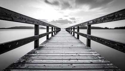 Black and white photo of a wooden pier extending into a calm body of water, under a cloud-filled sky. The structure is symmetrical