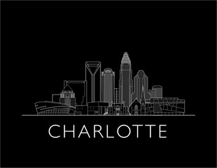 Fototapeta premium Charlotte, North Carolina, cityscape illustration skyline drawing on a black background