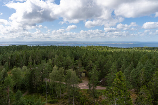 View over green forest and lakes from Tegner Tower watchtower in Sweden
