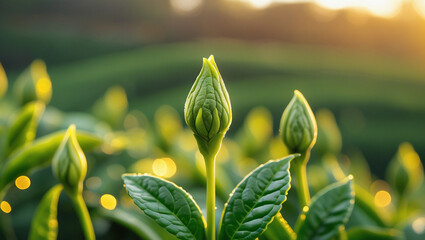Macro tea bud shot with shallow depth of field for premium appeal. Perfect for tea company logos, blog graphics, and aesthetic nature projects.
