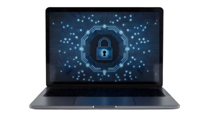 Advanced cybersecurity protection on a sleek laptop, securing digital assets, embodying cutting-edge technology for ultimate data safety and peace of mind