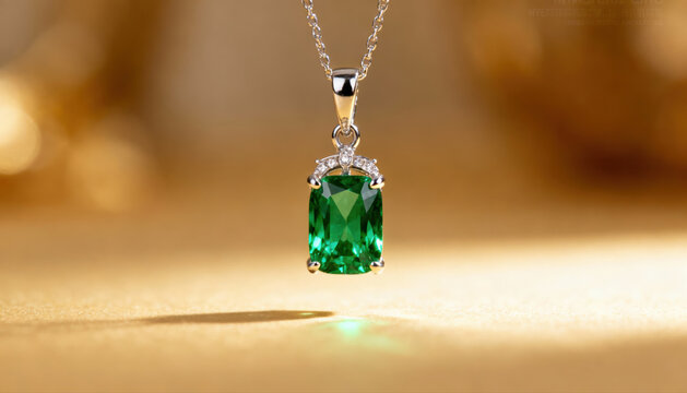 Elegant emerald jewel pendant necklace with diamond. beautiful precious gem with luxury aesthetic on gold background