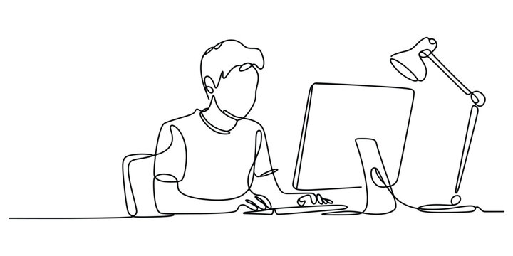 Minimalist continuous line drawing of a person working at a computer vector