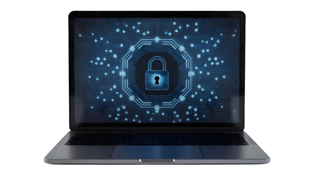 Advanced cybersecurity protection on a sleek laptop, securing digital assets, embodying cutting-edge technology for ultimate data safety and peace of mind - Powered by Adobe
