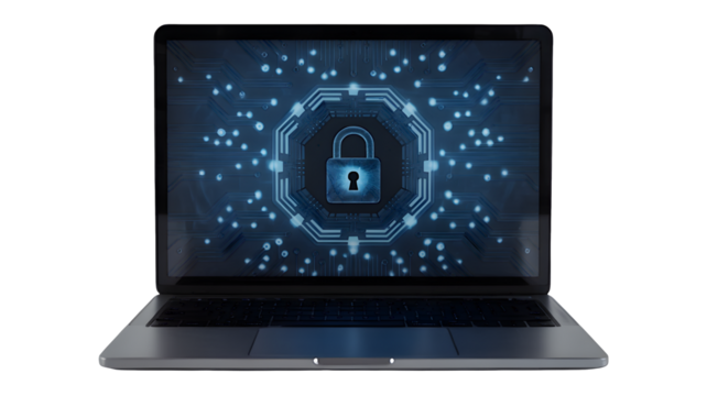 Advanced cybersecurity protection on a sleek laptop, securing digital assets, embodying cutting-edge technology for ultimate data safety and peace of mind