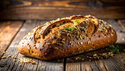 Freshly baked artisan bread loaf on a rustic wooden table overhead shot