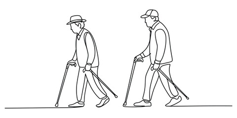 Continuous line drawing of an elderly person walking with a cane vector