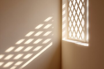 Decorative lattice window shadow with soft light patches across cream wall