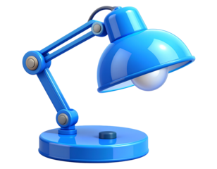 Stylized 3D icon of a modern blue desk lamp with adjustable arm and soft glow. Perfect for education, transparent background.