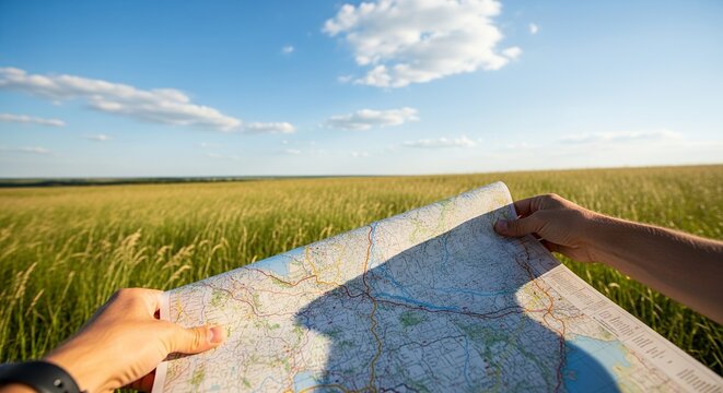 A person's hands holding a map outdoor