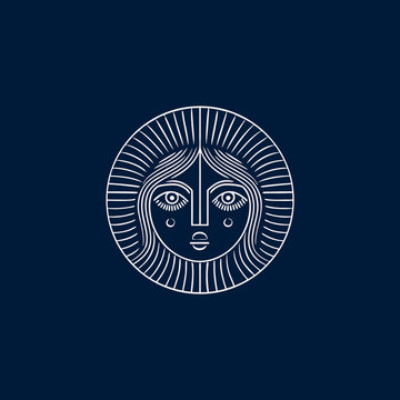 Minimalist celestial sun face illustration with artistic bohemian spiritual vibes on dark blue background, line art design.