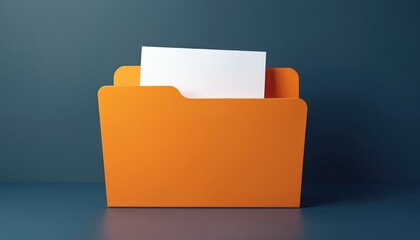 Orange file folder with white document inside on blue background. Folder contains paper sheet. Orange folder stands on blue surface. Document is partially visible.