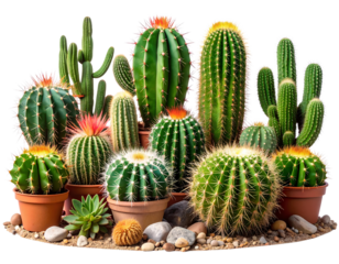 Stylized arrangement of various cactus and succulent plants. Transparent PNG background suitable for gardening, desert flora, and eco-friendly product visuals.
