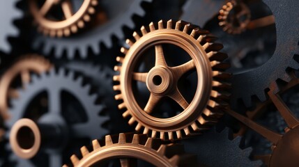 Precision Metallic Gears concept. Close-up of intricate metallic gears in a mechanical assembly.