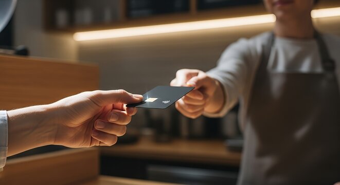Customer hands credit card to barista at cafe counter for payment.