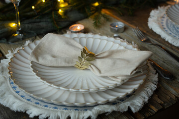 Elegant table setting. Festive Christmas dining table.