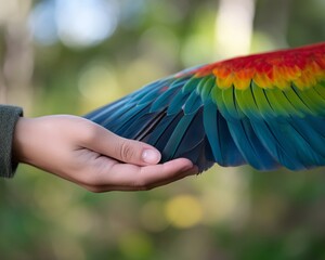 Obraz premium Human hand touching parrot wing
