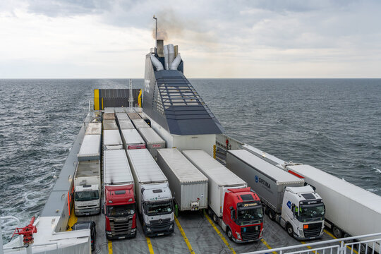 Sweden - 08.07.2025: Trucks loaded on large Baltic sea ferry