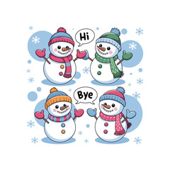 Cute Snowman Characters Saying Hi and Bye with Winter Snowflakes