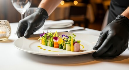 Waiter in black gloves carefully places a plate of colorful vegetable rolls with edible flowers on a white tablecloth.