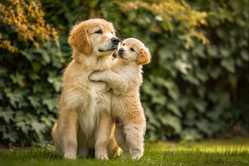 Adorable golden retriever puppies sharing a tender moment outdoors