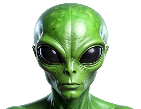 Stylized green alien head sculpture with defined contours, futuristic expression, and subtle reflections. Transparent cutout for versatile design use.