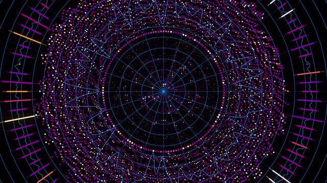 Big Data complex round graph animation. Top view on quantum computing universe. Cyber space of AI technology. Futuristic graph. Digital information presentation.