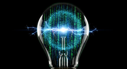 Abstract digital brain with glowing blue matrix code and light