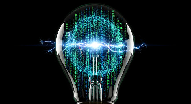 Abstract digital brain with glowing blue matrix code and light