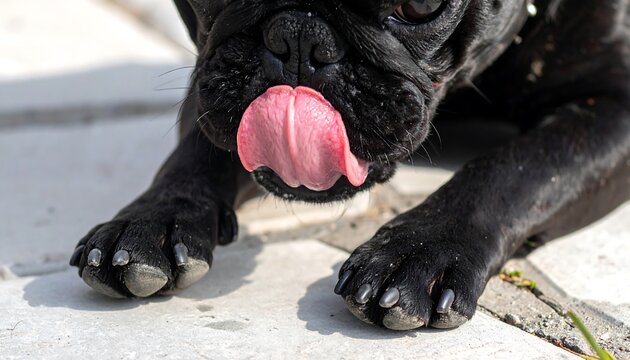 Black pug licks its nose, close up on paws and face, tongue sticking out, bright daylight setting