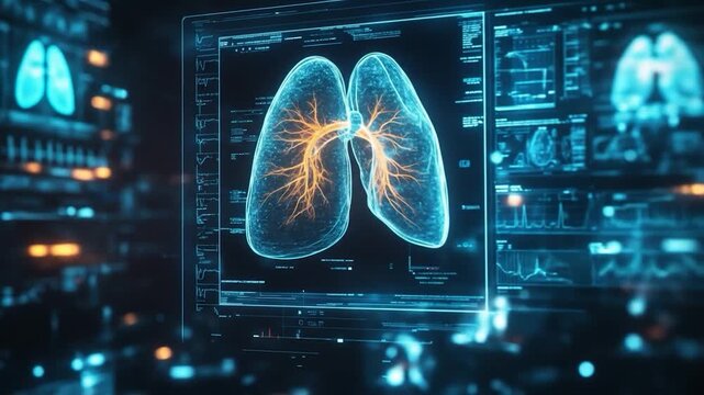 Digital lung scan with glowing bronchi and data graphs