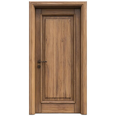 A single paneled wooden door with a metal handle detail close up front view