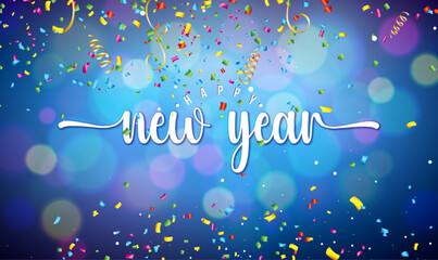 2026 Happy New Year Illustration with Gold Glitter Number and Colorful Bokeh Lights on Vibrant Particle Background. Vector Christmas Holiday Season Design with Typography Lettering for Greeting Card