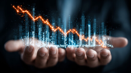 Businessman presents futuristic holographic graphs highlighting market trends