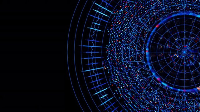 Big Data complex round graph animation. Top view on quantum computing universe. Cyber space of AI technology. Futuristic graph. Digital information presentation.