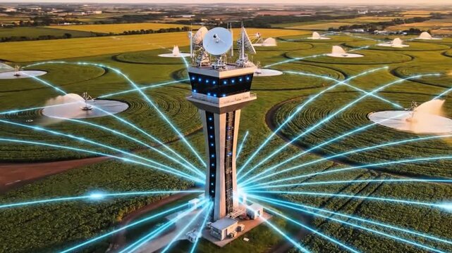 4K ultra-wide drone shot of smart irrigation control tower connected to multiple fields via wireless network